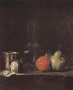 Jean Baptiste Simeon Chardin Silver wine bottle lemon apple pear Spain oil painting artist